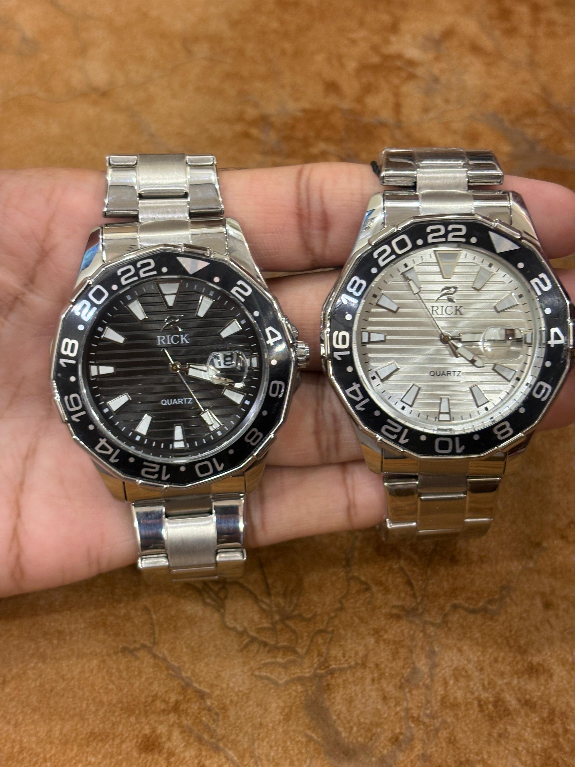 Rick GMT Quartz Watch – Stainless Steel Waterproof Timepiece with Date & Brazal Chain